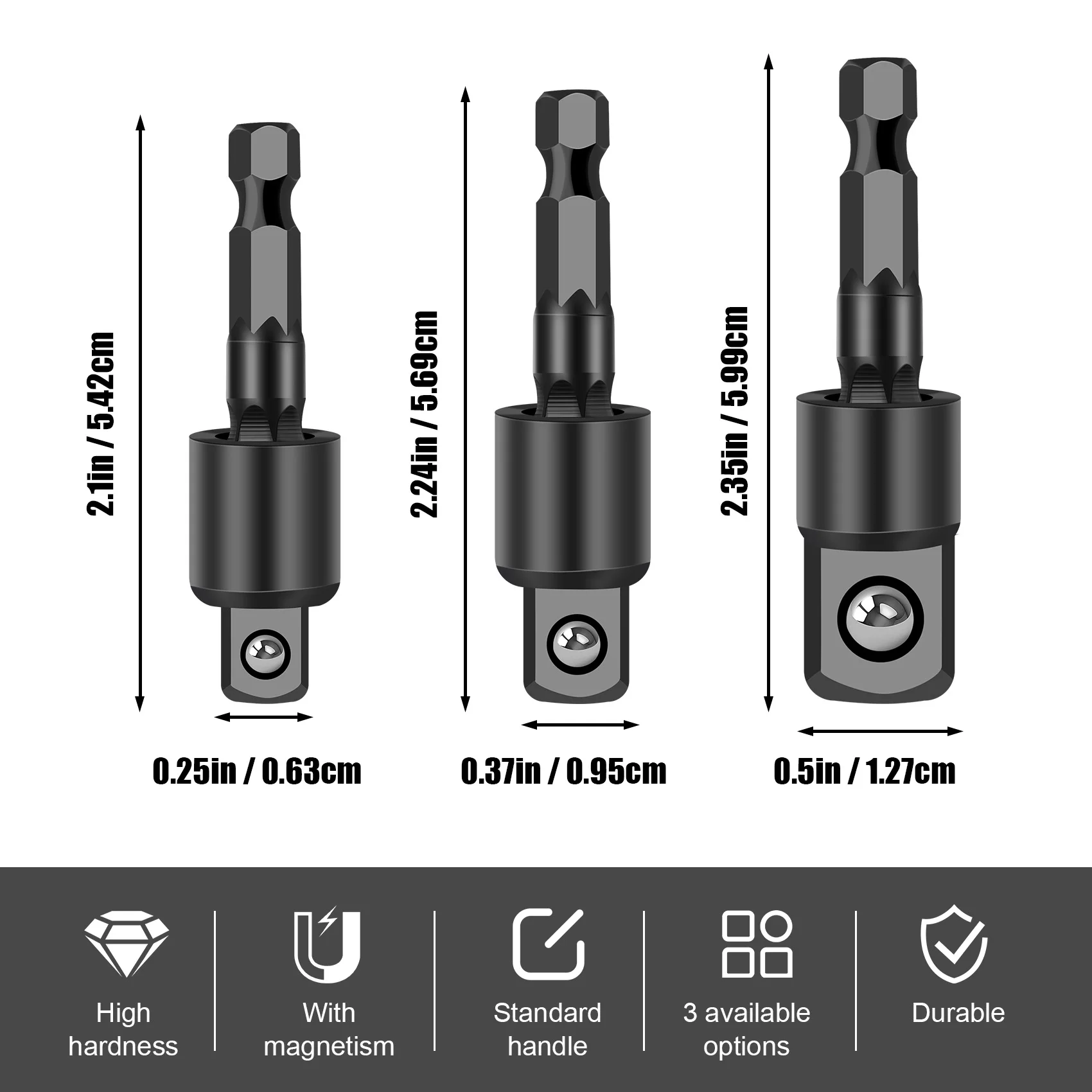 3PC Wobble Socket Adapters Universal Joint Swivel Socket Set, 1/4 Inch Hex Shank to 1/4 3/8 1/2 Square Drives