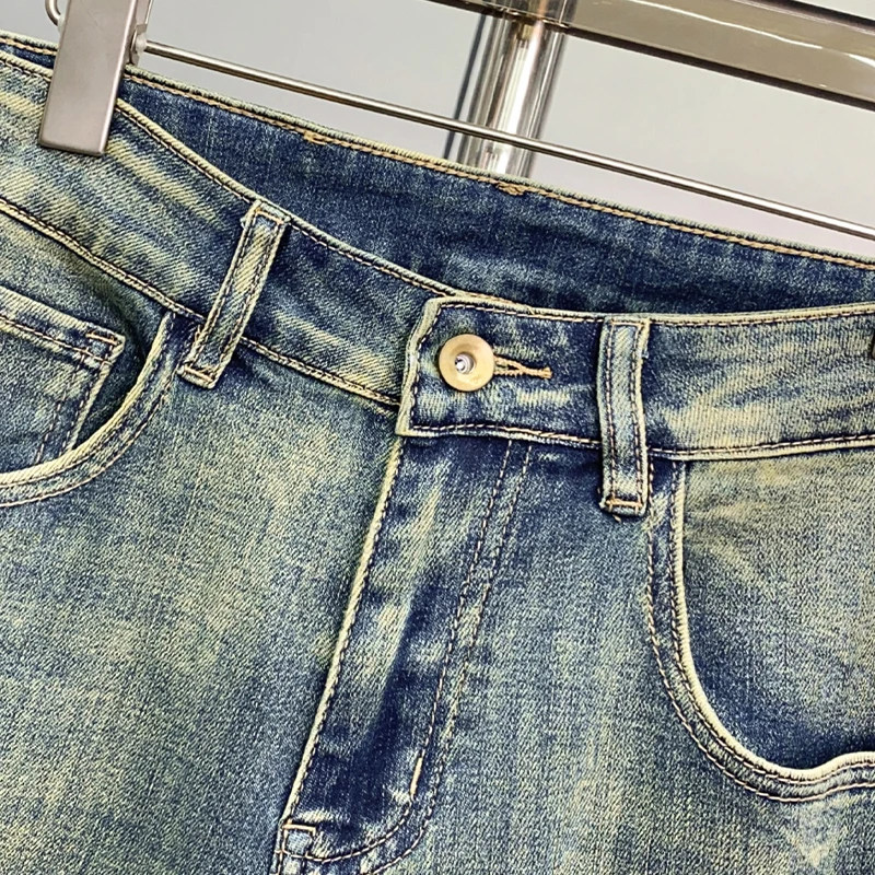 2024 heavy wash nostalgia straight jeans Slim thin elastic men's trousers spring and summer fashion simple retro blue trousers