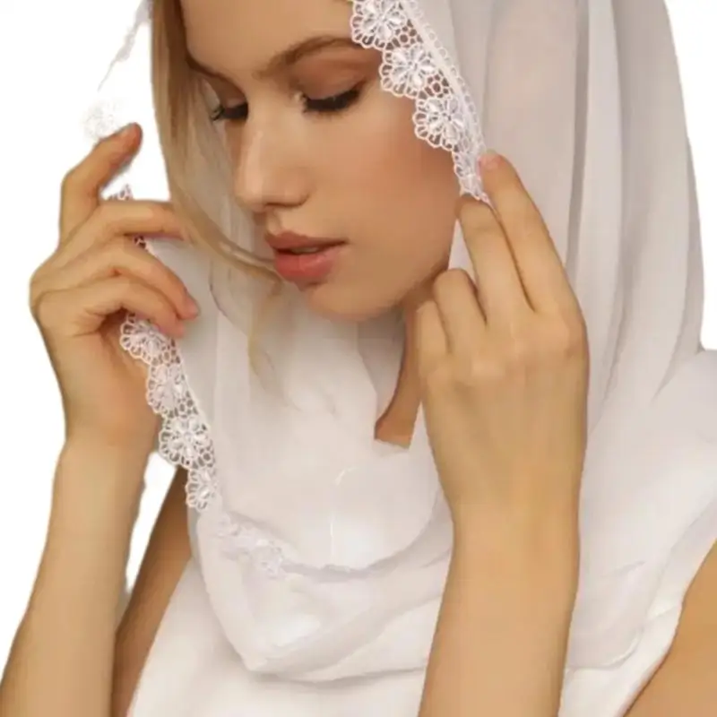 49ME Woman Lace Veil Wedding Church Lace Trim Veil Lightweight Scarf with Floral Pattern Hot Weather Muslims Girl Headscarf