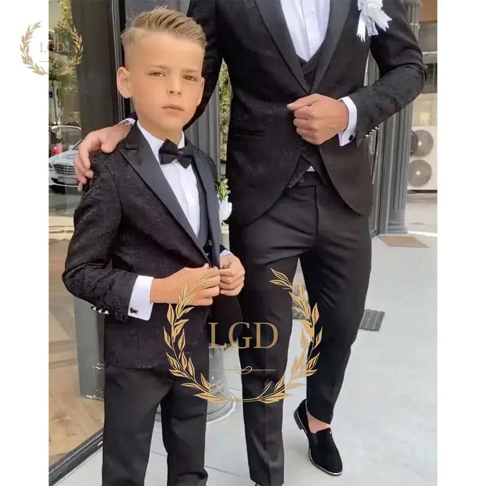 Navy pattern boy 3 piece formal suit dinner tuxedo little boy groomsmen wedding party prom jacket vest and black trousers boys formal suit set