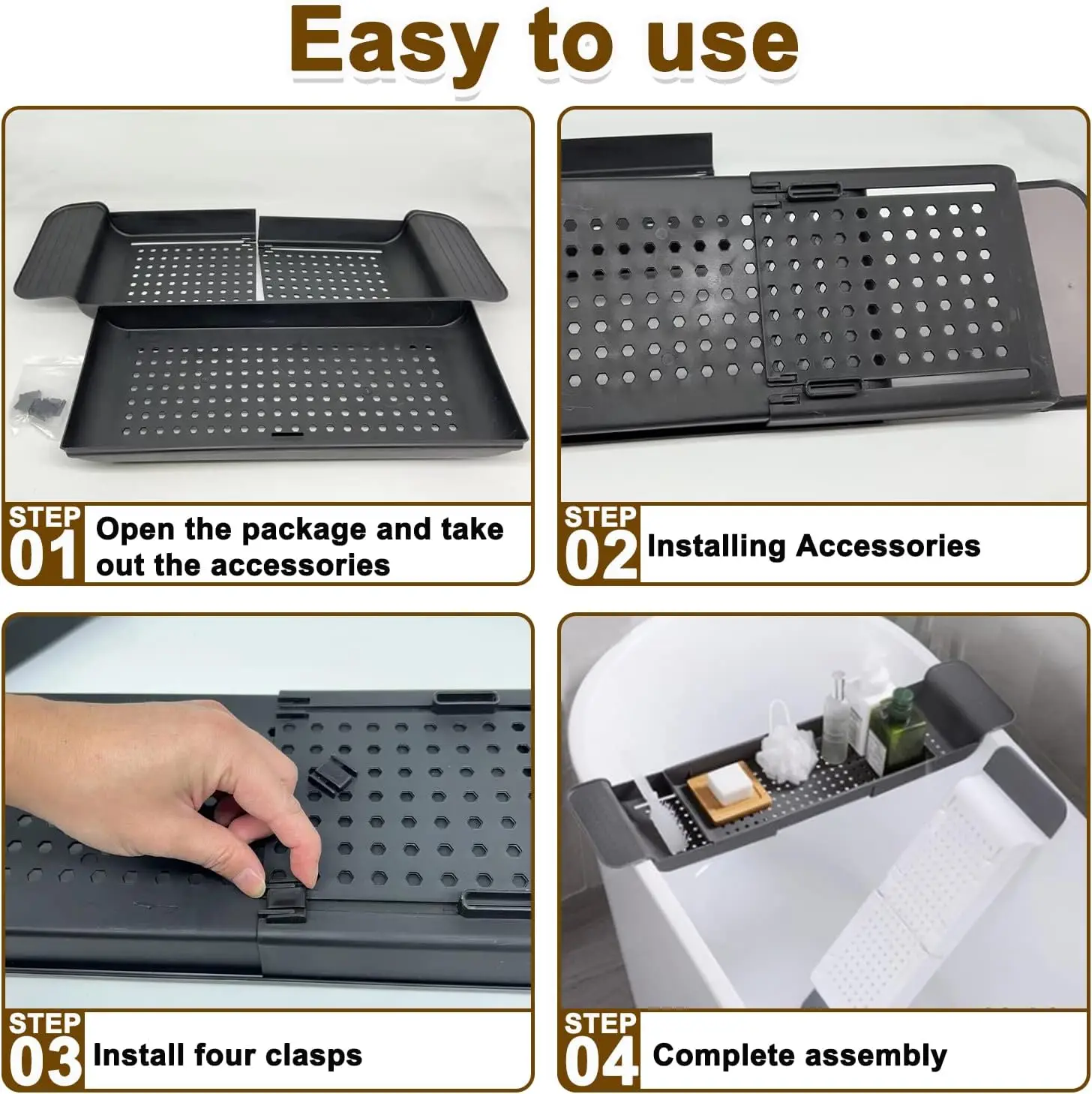 Expandable Drain Bath Shelf Caddy Tray, Multifunctional Plastic Bathtub Tray Bathroom Organizer Storage Rack for Book, Shower