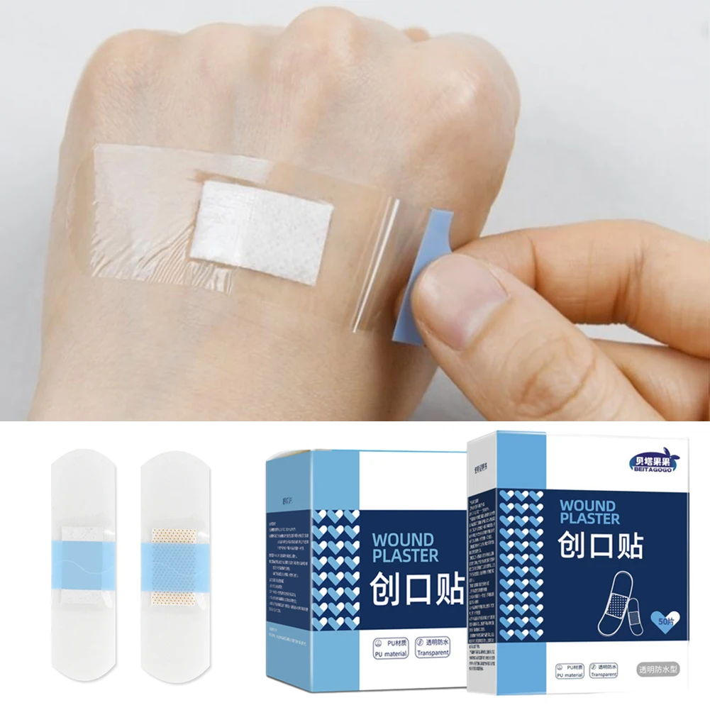 Wound Bandage Medical Wound Dressing Medical Adhesive Tape Tattoo Adhesive Bandages 50pcs/120pcs Transparent Band Aid Waterproof Wound Strips Curved Patches Adhesive Bandages for Children Adults