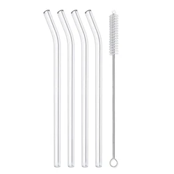Set of Reusable Clear Glass Drinking Straws - 8 Inch for Juice, Smoothies, and Tea (4 Bent)