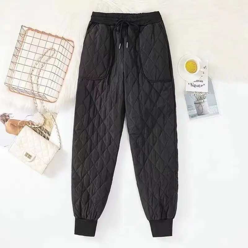 Women Winter New High Waist Elastic Casual Pants Fashion Solid Pocket Thickened Down Cotton Windproof Warm Versatile Harem Pants