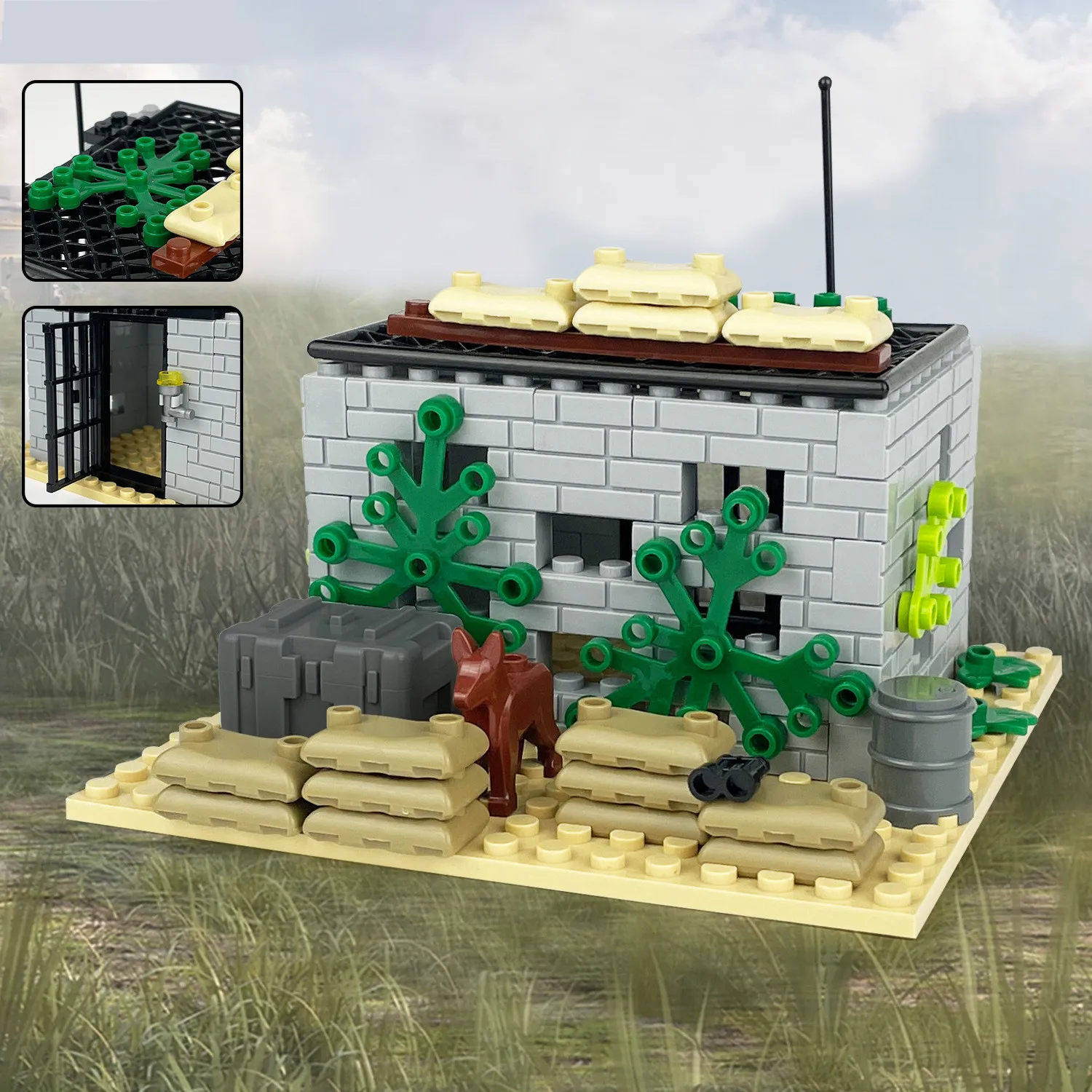 

Military Bunker Field Combat Base Scene Building Blocks Weapon Sandbag dog accessories assembly Bricks For Boys