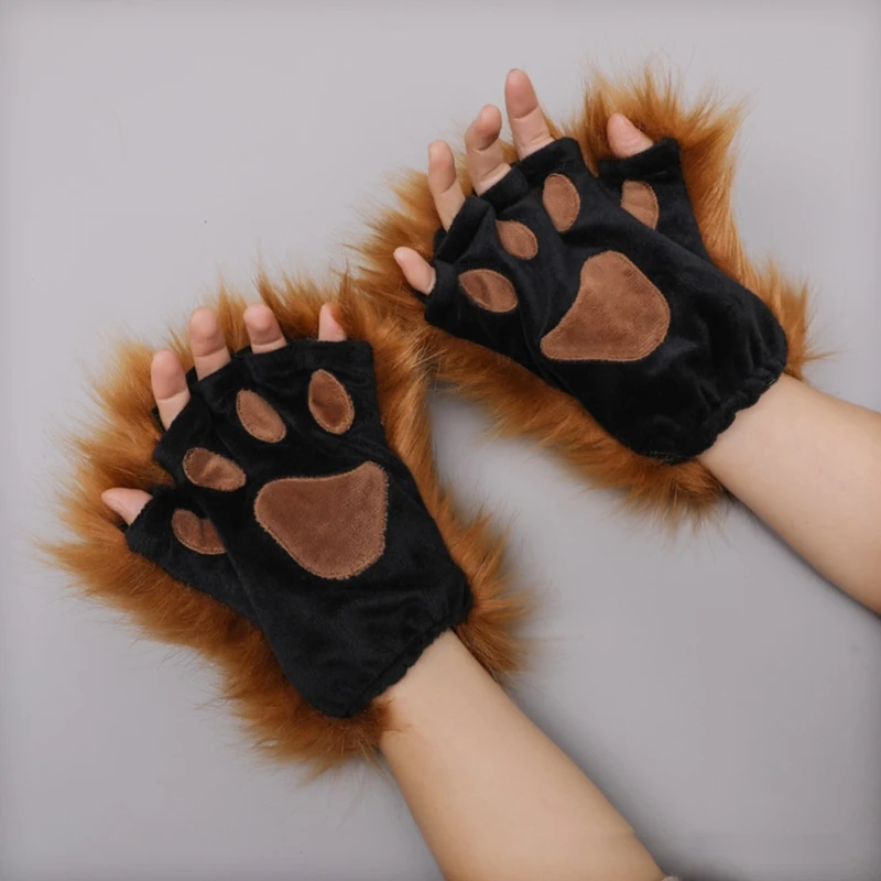 

1 Pair Paw Gloves Half Finger Mittens Anime Gothic Furry Accessory for Animal Roleplay Long Fur Wolf Paws