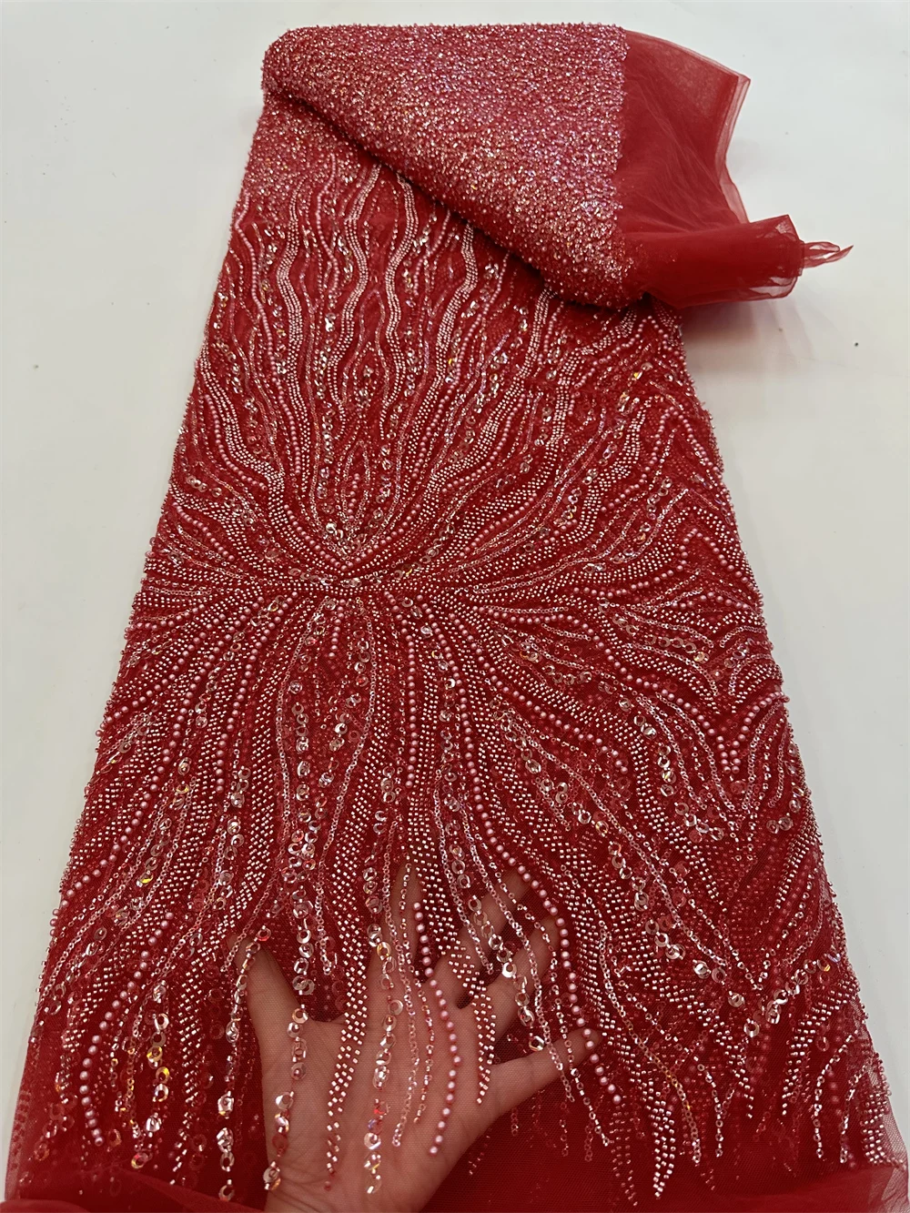 

5 Yards Tulle Net African Lace Fabric Beaded Lace 2023 High Quality Red Nigeria Sequin Fabrics Wedding Evening Dress Sew QF0945