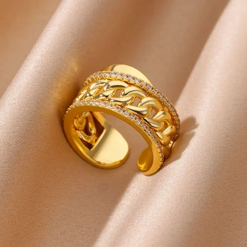 Zircon Double Ring Women For Women Gold Stainless Steel