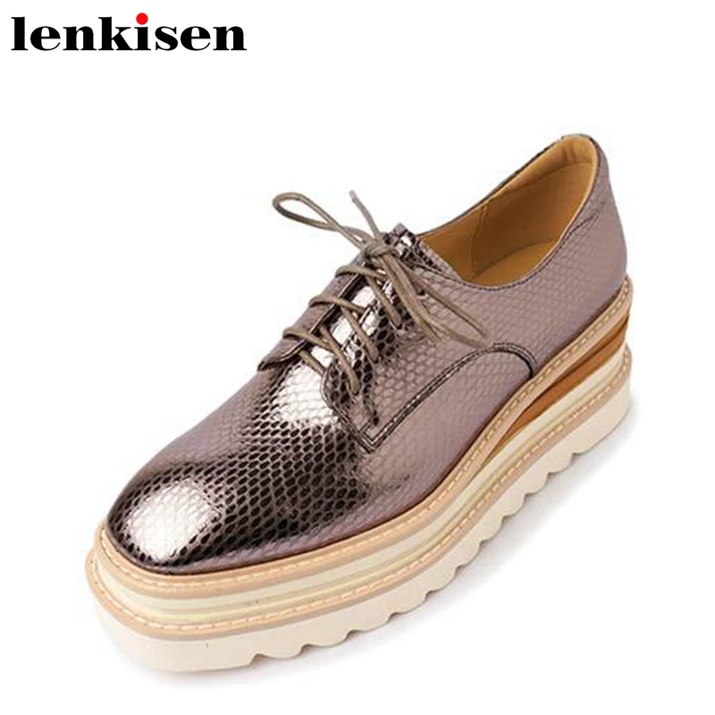 

Lenkisen Natural Ins Cow Leather Thick High Heels Formal Fashion Shoes Bling Platform Cross-tied Safari Chic Brand Women Pumps