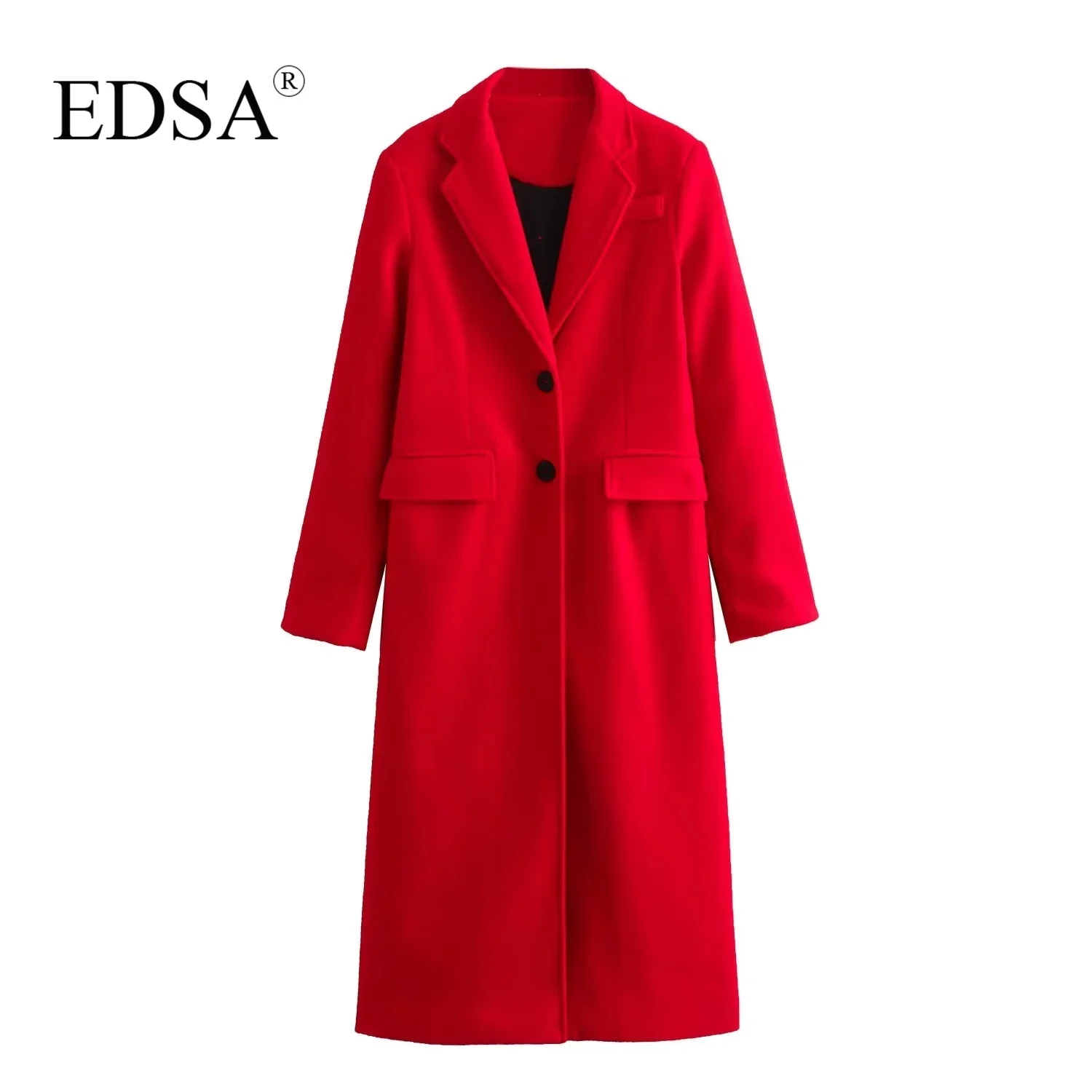 

EDSA Women Fashion Red Wool Fitted Coat Motched Lapel Collar Long Sleeves with Buttoned Bents on Cuffs Flap Pockets Outerwear