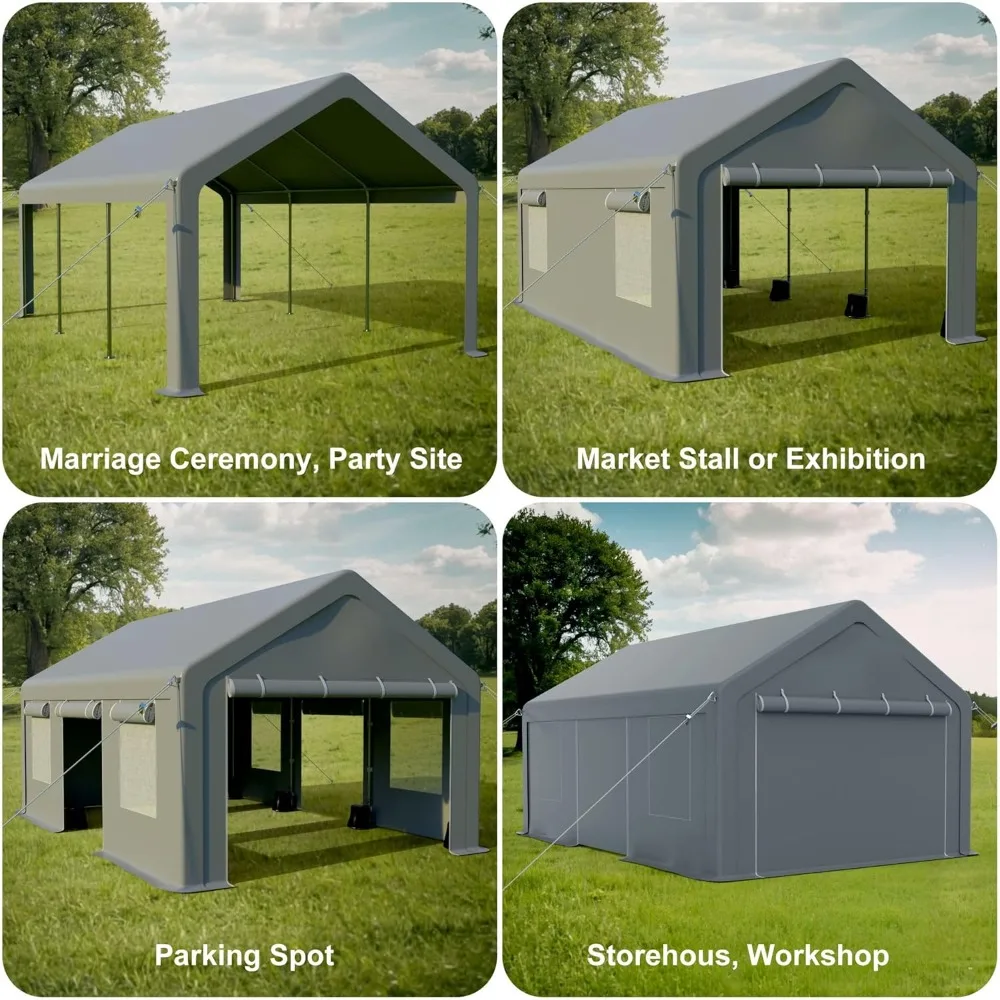 13x20ft Carport Portable Upgraded Garage,Heavy Duty Carport with4Roll-up Doors &4Ventilated Windows,UV Resistant Waterproof Tarp