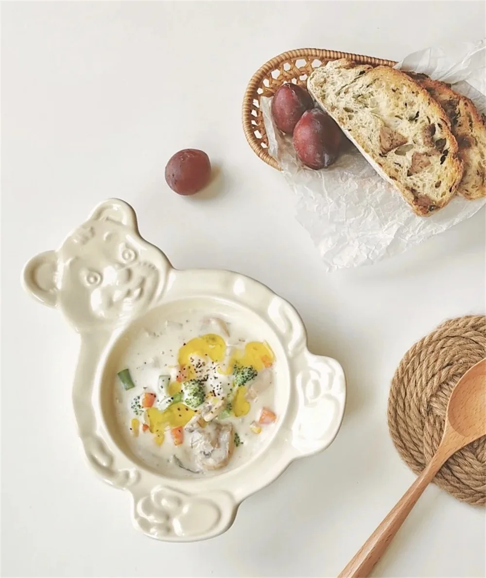Fruit Plate Ceramic Dessert Plates Cartoon Bear Dessert Plate Bowls Cute Ceramic Dinner Dishes Korean Ins Bear Dessert Flat Soup Bowl Breakfast Salad Fruit Tray