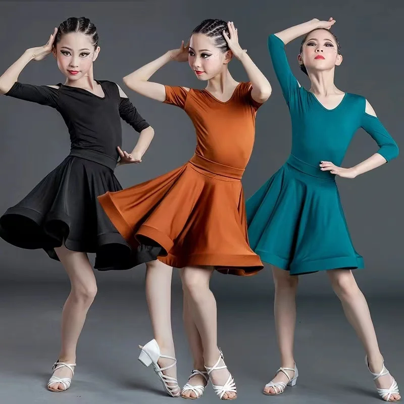 

Latin Dance Kids Dresses for Girls Long Sleeve Dress Ballroom Competition Party Stage Performance Practice Costumes ChaCha Skirt