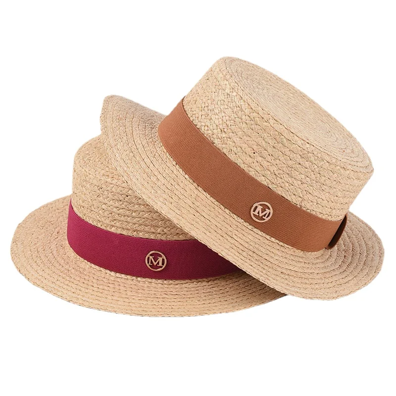 

Straw Hat Women Wide Brim Sun Protection Beach Hat Black and White Ribbon Bowknot Straw Cap Casual Ladies Flat Top Panama Hat
