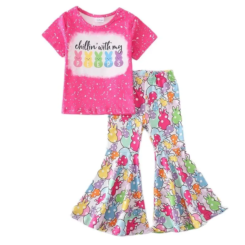 

Best Sale Summer Baby Kids Clothes Boutique Rabbit Short Sleeve Top Bell-bottoms Flare Pants Set Easter Girls Outfits