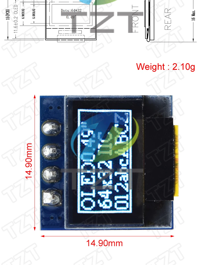 GREATZT 0,49 Zoll OLED-Display-LCD-Modul, weiß, 0,49 Zoll Bildschirm, 64 x 32 I2C IIC-Schnittstelle, SSD1315-Treiber für Arduino AVR STM32 – Detail 2