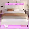 Full Size Bed Frame with Headboard Storage & LED Lights, Platform Bed Frame Full Size with Charging Station, Creamy White 6
