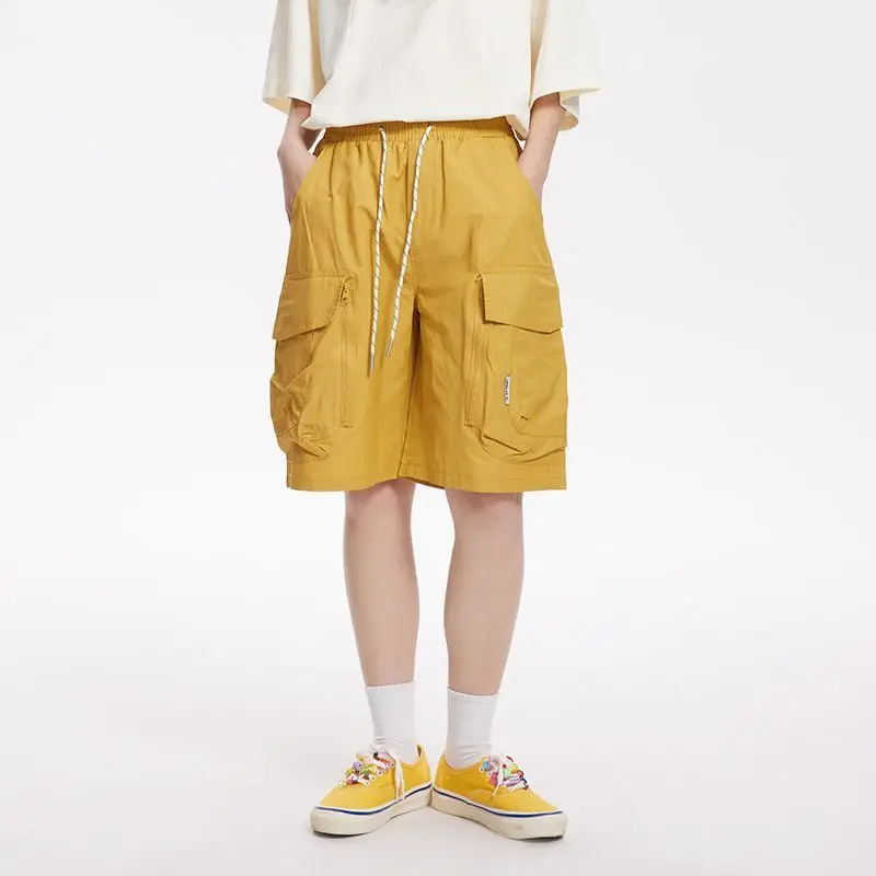 Fashion Solid Color New Flip Cover Large Pocket Loose Shorts Street Casual Korean Drawstring Elastic Waist Affordable Pants