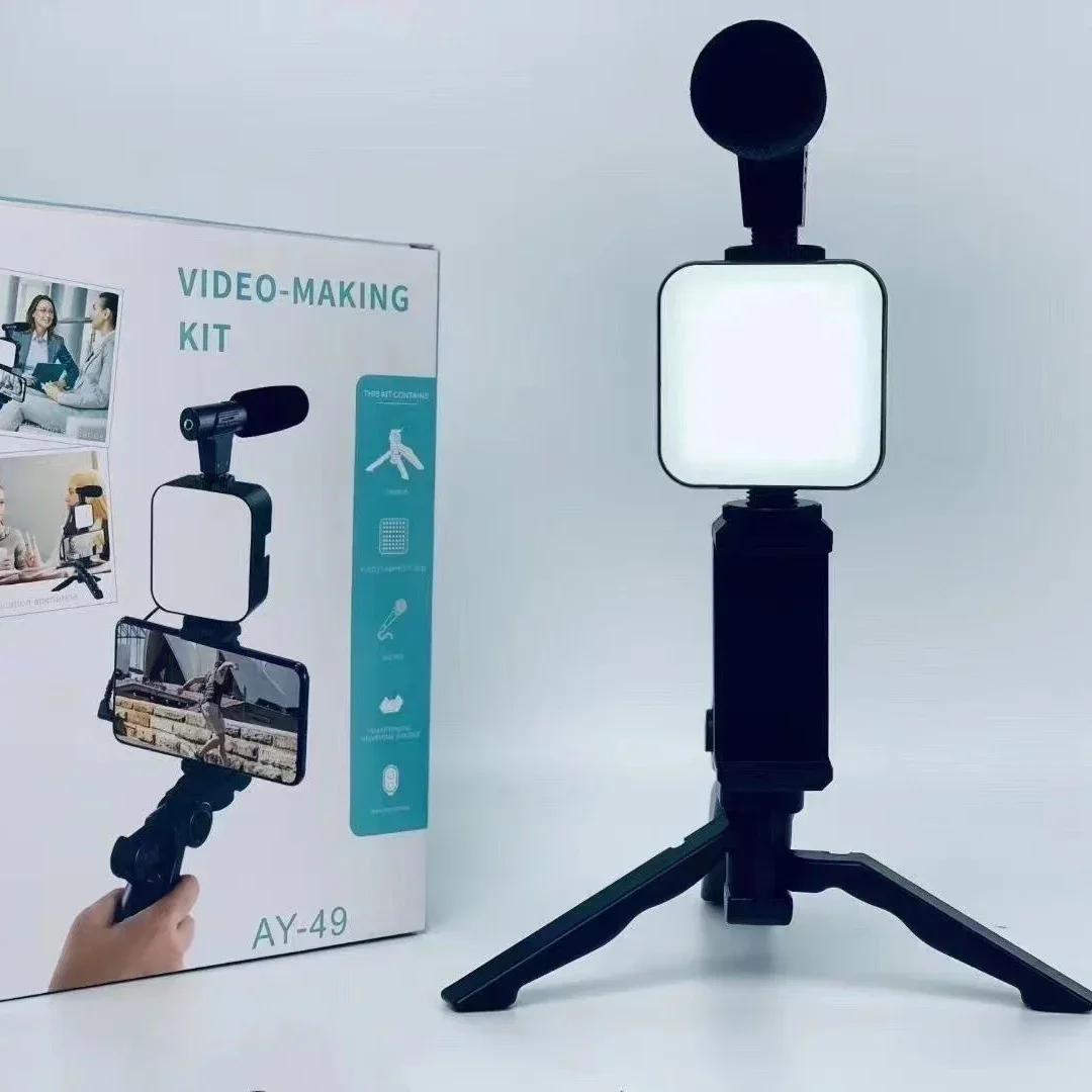 AY49 Smartphone Vlogging Kit Tripod Phone Holder Mini Microphone LED Fill Light Starter For Live Stream Video YouTub