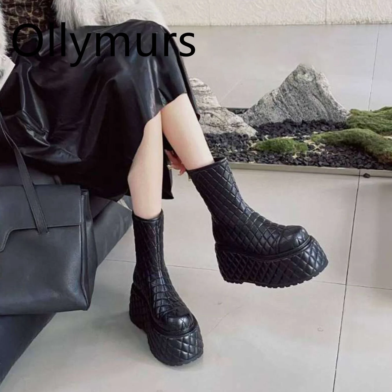 

Shoes For Women 2023 Genuine Leather Thick Solo High Platform Autumn Winter Bootd Round Toe Flats Brand Designer New