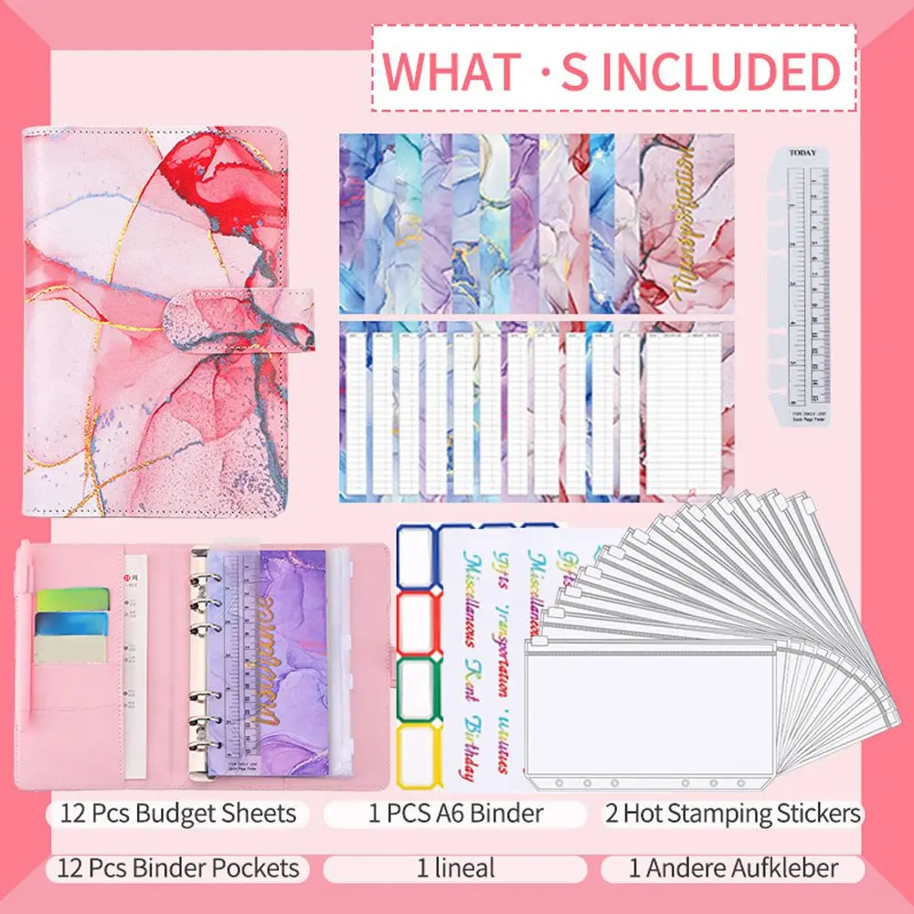 

A6 Binder Budget PU Leather Planner Pockets Expense Budget Sheets Notebook Cash Envelope Organizer System with Clear Zipper