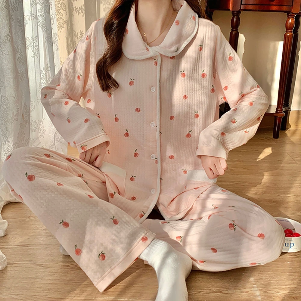 Long Sleeve Thick Warm Japanese Air Cotton Home Wear Women's Lapel Cardigan Casual Plus Size Set Spring Fall Lady Pink Sleepwear