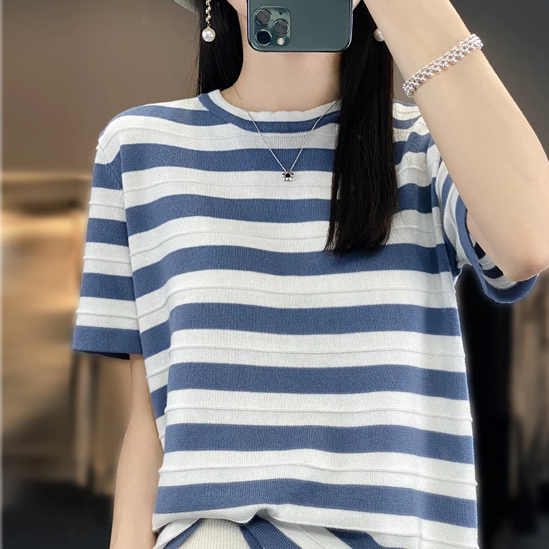 

Summer new 100% cotton T-shirt women's O-neck pullover vest knitted short-sleeved casual loose striped fashion top