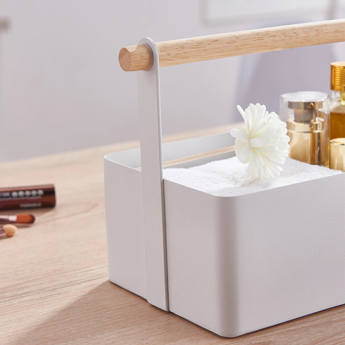 Storage Holder for Makeup Nursery Desk, Home, Bathroom, Kitchen, Caddy, Handle Organizer, Steel and Wood 3