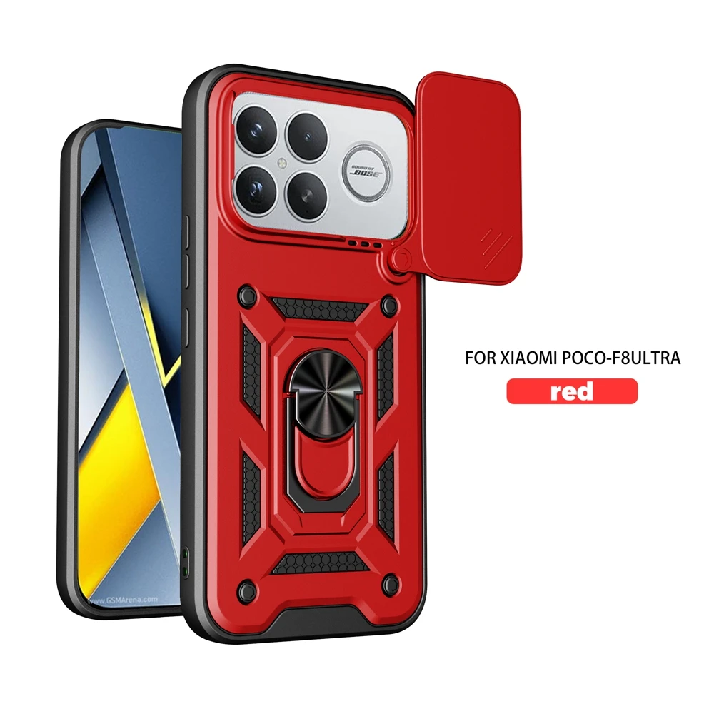 Luxury Rugged Armor Phone Case with Sliding Camera Cover and Ring Holder