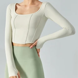 Vnazvnasi Yoga Tops Long Sleeves Women Square Collar Running Sportswear Slim Shirts Fitness Women Clothes Gym Tights Sport Top