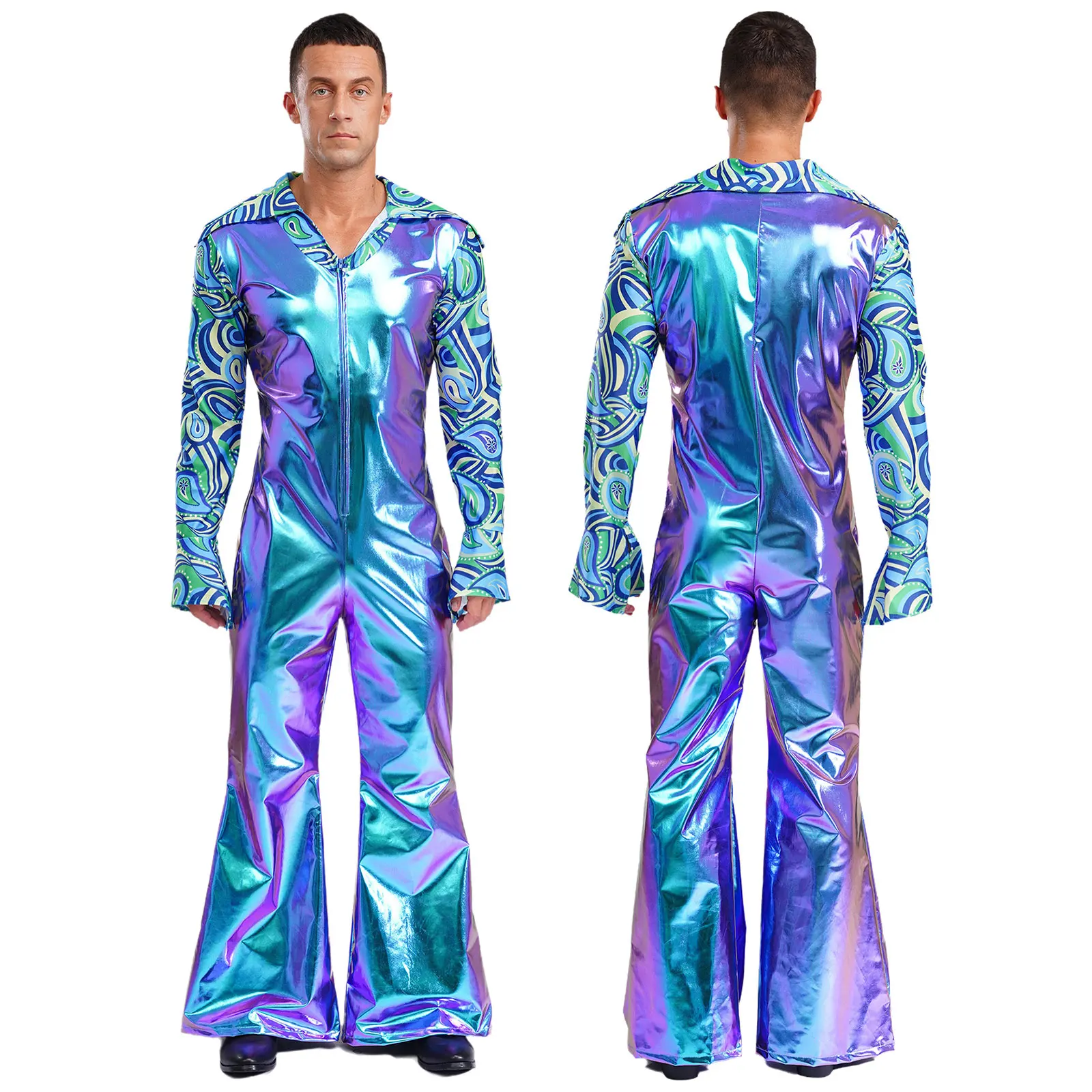 Mens 70s Disco Jumpsuit Retro Hippie Music Festival Cosplay Costume V Neck Zipper Halloween Party Fancy Dress Jazz Dancing Wear