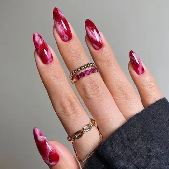 Home 19 24PCS Raspberry Gradient French False Nails Retro Red Simple Medium Almond Press on Nails Full Cover Acrylic Wearable Fake Nails