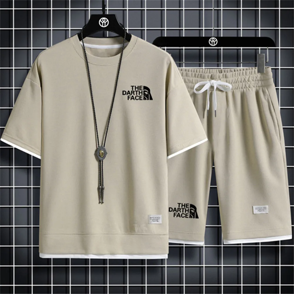 Fashion men's sports set short sleeved sports set summer men's polyester fabric casual loose T-shirt and shorts two-piece set