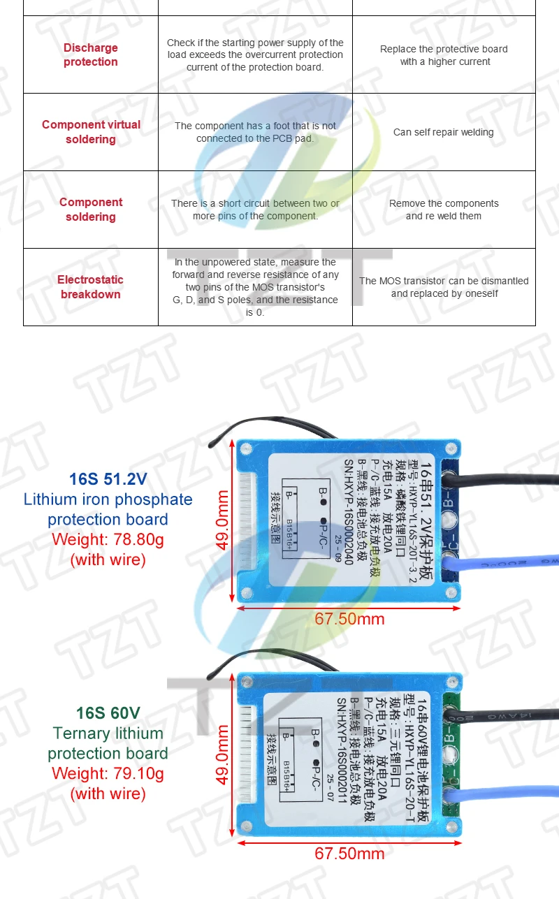 TZT BMS 16S 51,2V / 60V 20A Lifepo4/Lmo Ternary Li-Ionen-Lithium 18650 Batterie-Ladeschutzplatine mit Temperaturkontrolle – Detail 3