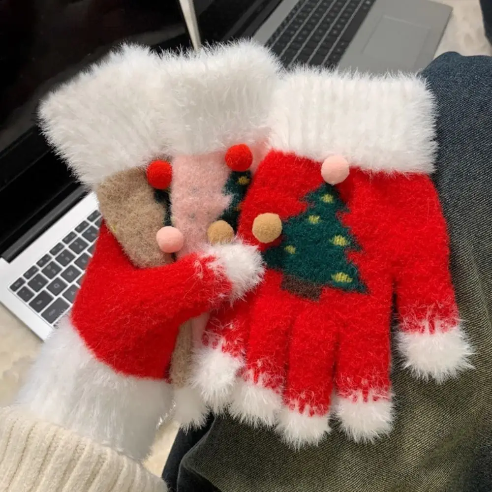 Thickened Insulation Christmas Tree Gloves Warm Knitted Design Winter Gloves Elastic Comfortable Five-finger Gloves Women