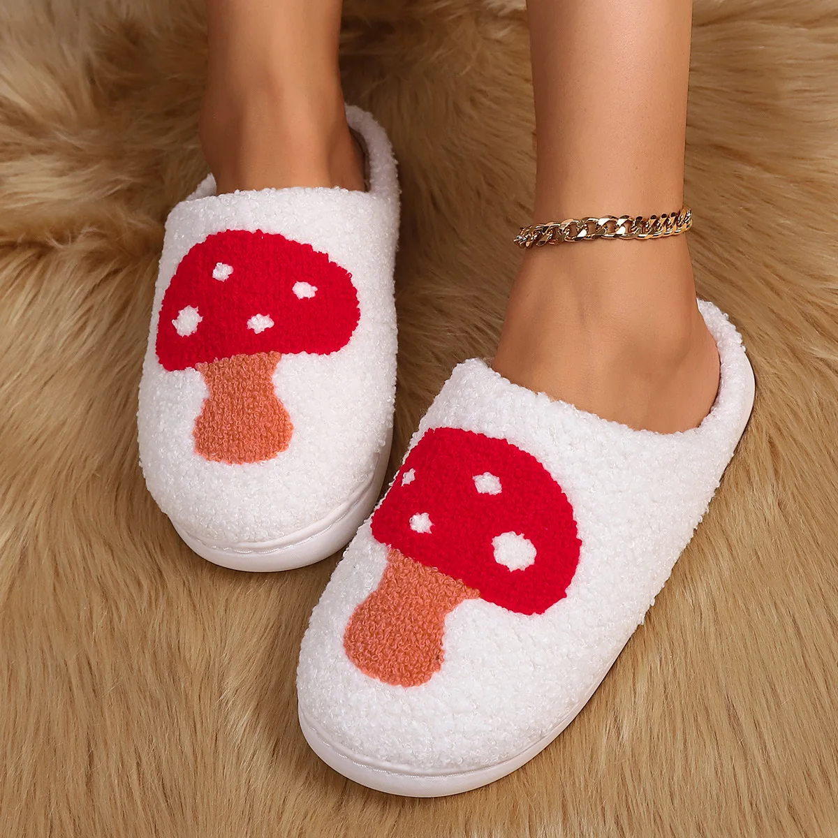 Women's Cute Mushroom Print Slippers Casual Slip Plush Lined - Temu