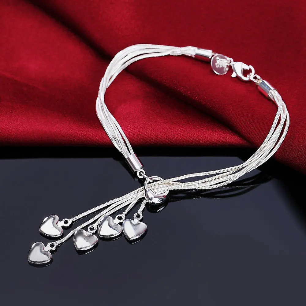 YANNEY 925 Sterling Silver Sweet Heart Bracelet Necklace Set For Women Fashion Charm Wedding Engagement Jewelry Set 3
