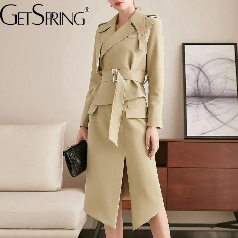 Getspring Women Skirt Sets 2023 Spring Autumn Fashion Belt Short Trench  Coat Temperament High Waist Split Skirt Two Piece Sets