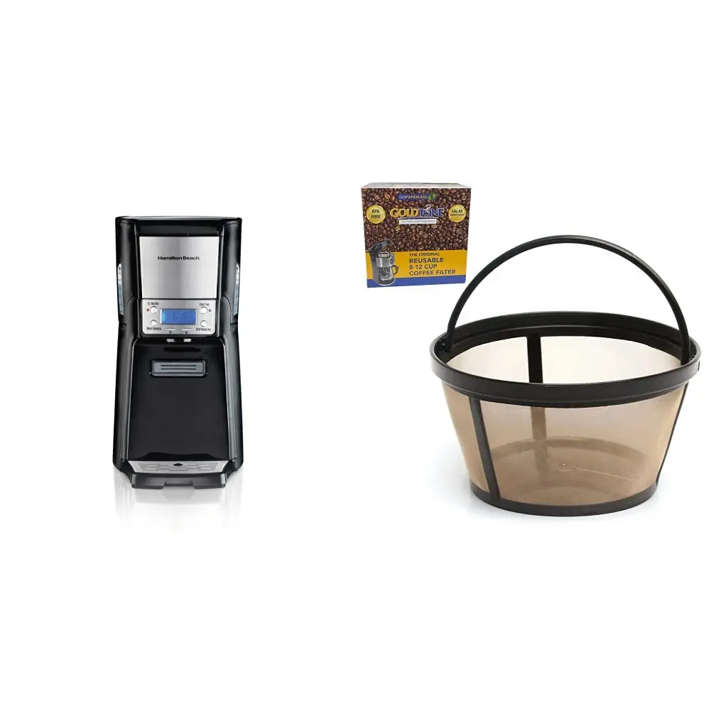 

Dispensing Coffee Maker, Black with Chrome & GOLDTONE Reusable 8-12 Cup Basket Coffee Filter fits . Coffee Makers and Brewer Fal