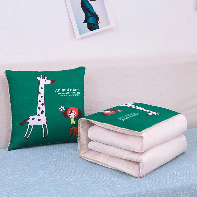 2 In 1 Pillow Travel Quilt Blanket Cartoon Thick Throw Pillow Portable Foldable Air Conditioner Cushion Blanket Car Sofa Office 
