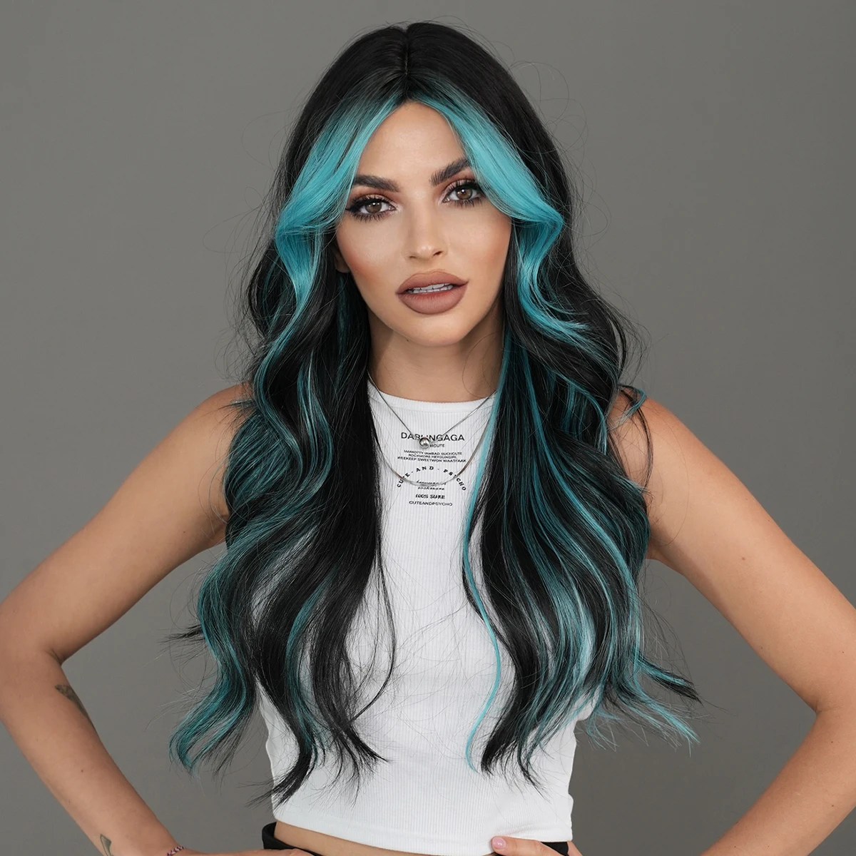 Synthetic Wig Layered Light Blue Wavy With Fluffy Bangs For Women Cosplay Highlight dyeing