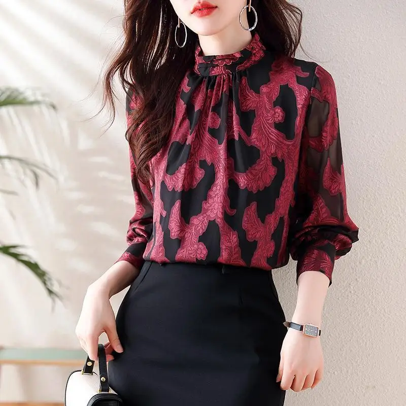 Women Korean Fashion Vintage Print Elegant Blouse Office Lady Casual Ruffled Stand Collar Shirt Sexy Mesh Long Sleeve Chic Tops