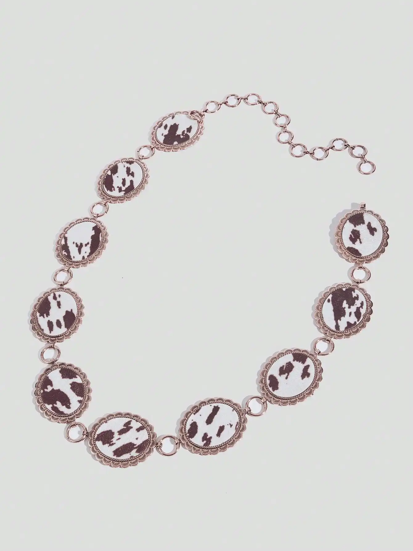 Trendy Oval Flower Wave Cow Pattern Zinc Alloy round Vintage High-End Feel Summer Ladies Waist Chain Youth Girls Party Event