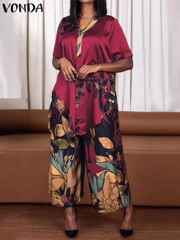 

VONDA Women Printed Pants Sets Fashion Suits 2023 Summer V-Neck Short Sleeve Irregular Hem Tops Pants Casual Loose Bohemian Sets