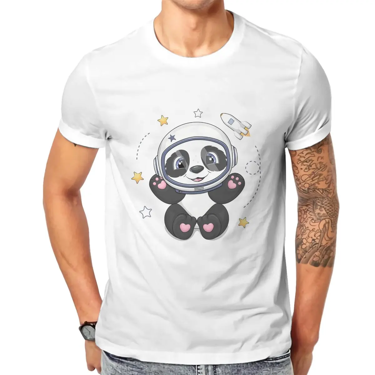 

Футболки с изображением милой панды, 100% хлопок, Мужская футболка с рисунком астронавта, забавная одежда, размер детской одежды