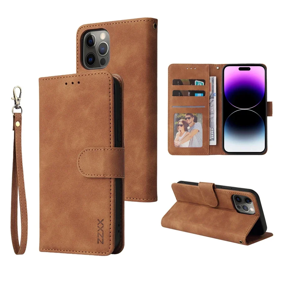 Magnetic Flip Leather Wallet Case with Card Slot, Lanyard, and Photo Frame