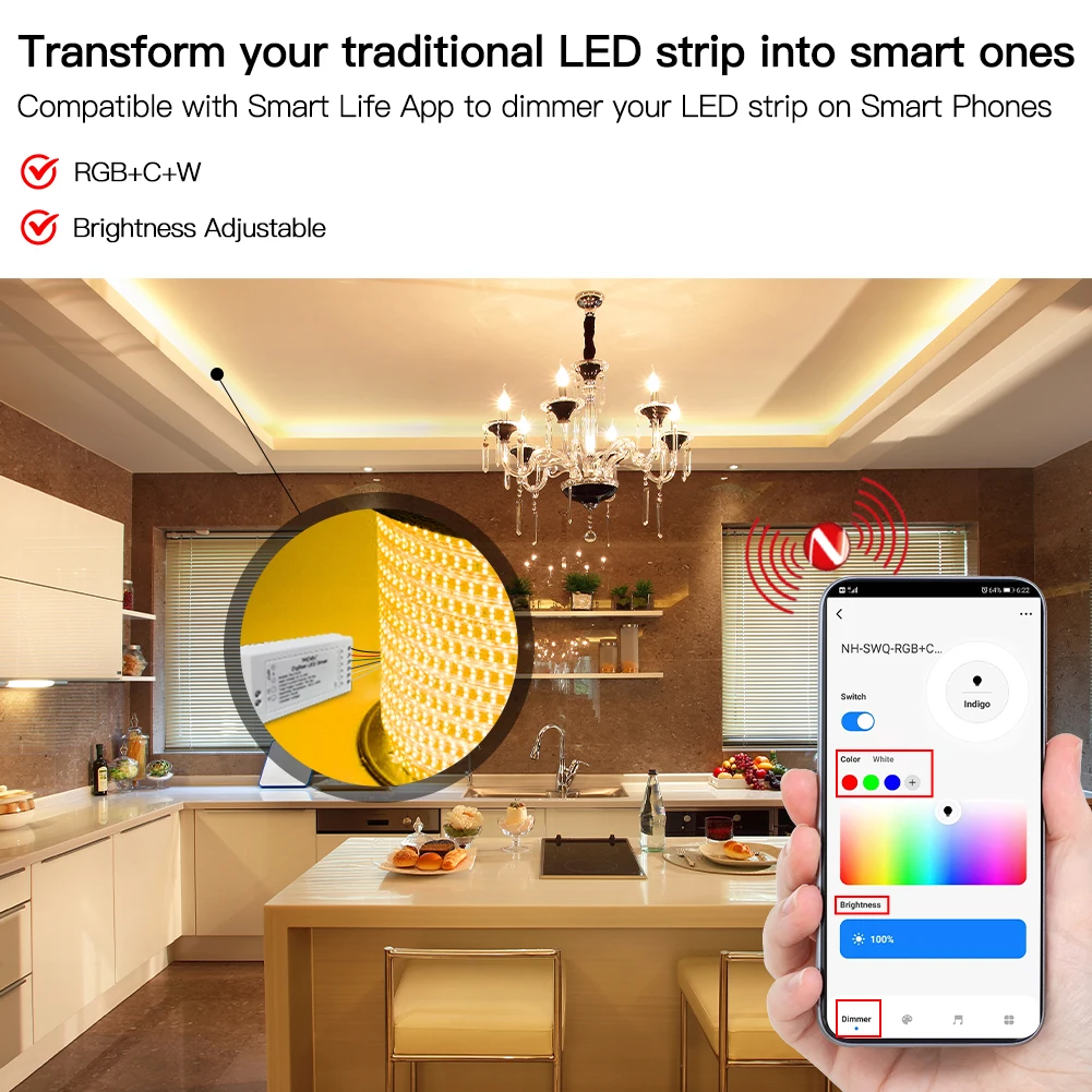 MOES ZigBee Smart Dimmer Module Swtich RGB CCT for LED Strip Smart Life Tuya App Control with Alexa Echo Goolge Home smart light switch led dimmer switch led dimmer controller smart dimmer switch lamp dimmer led strip switch led string dimmer power cords dimmer switch