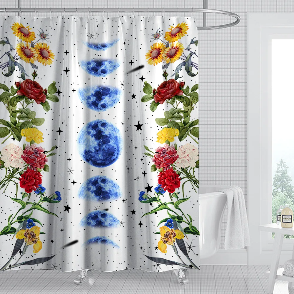 

Nordic Plants Flowers Waterproof Mildew Proof Moon Shower Curtains Perforation-free Printing Ins Style Bath Curtains