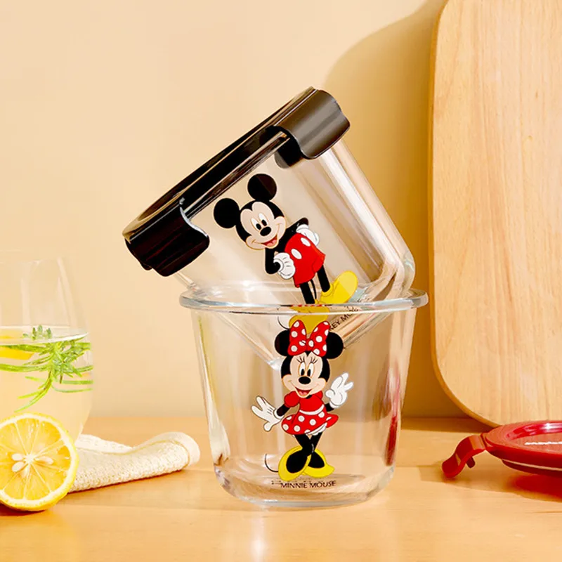 Disney Anime Mickey Mouse Minnie Mouse Cartoon Glass Lunch Box with Lid  Fruit Lunch Box Round Microwave Oven Soup Box Gift