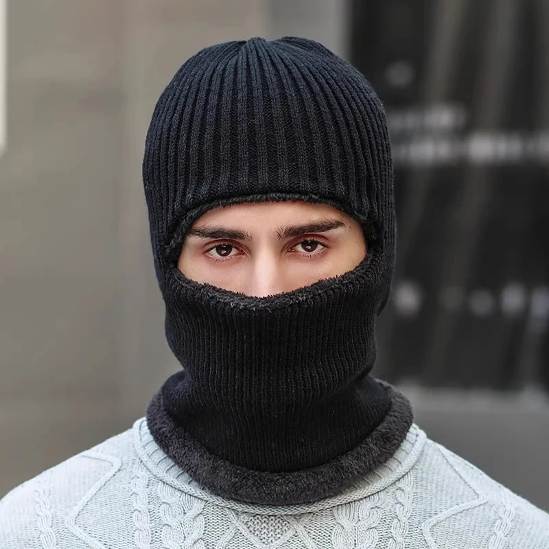 Men Full Face Cover Ski Mask Cap Winter Thick Plush Knitted Balaclava Hat Outdoor Cycling Male Ear Protection Warm Beanie
